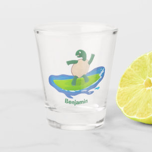 Funny tortoise wave surfing cartoon shot glass