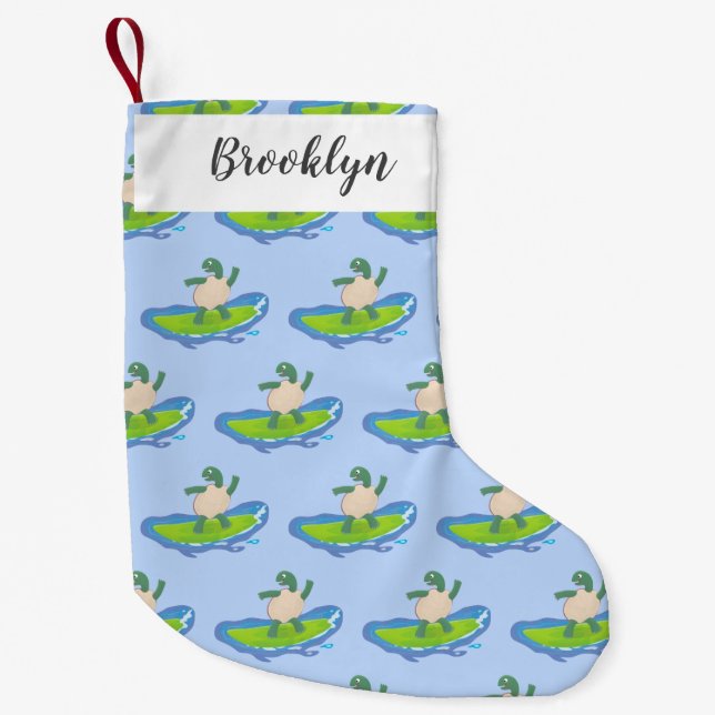 Funny tortoise wave surfing cartoon small christmas stocking (Front)