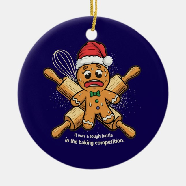 Funny "Tough Battle" Gingerbread Man Christmas  Ceramic Tree Decoration (Front)