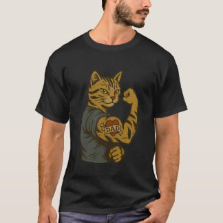 Funny Tough Cat with I Love DAD Tattoo Cat Dad T-Shirt