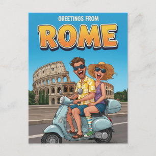 Funny Tourists on Vespa in Rome Italy Postcard
