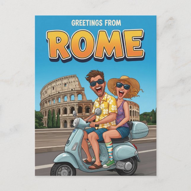Funny Tourists on Vespa in Rome Italy Postcard (Front)
