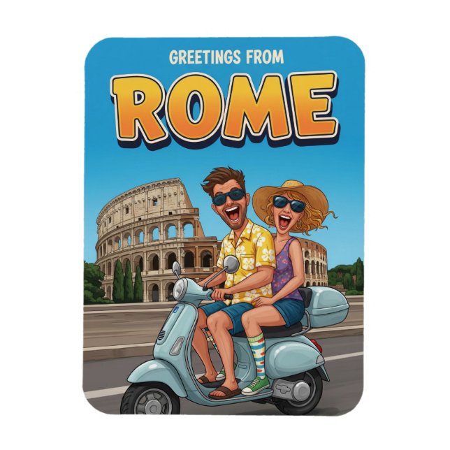 Funny Tourists on Vespa in Rome Italy Postcard Magnet (Vertical)