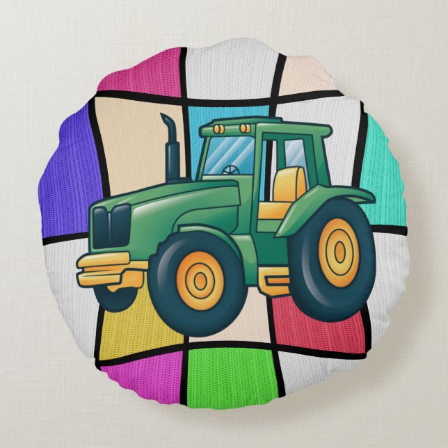 Funny Tractor Cartoon Design Round Cushion (Back)