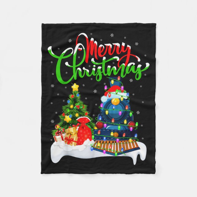 Funny Train Lover Xmas Lighting Santa Train Christ Fleece Blanket (Front)