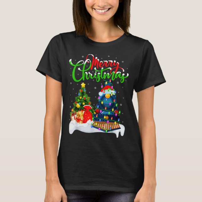 Funny Train Lover Xmas Lighting Santa Train Christ T-Shirt (Front)