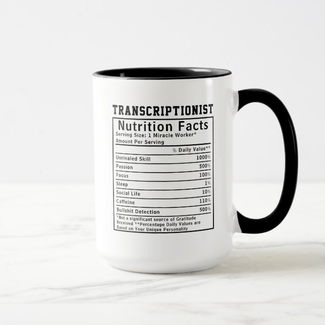 Funny Transcriptionist Nutrition Facts Worker Gift Mug (Right)