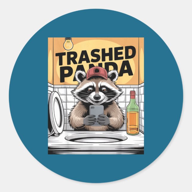 Funny Trashed Panda Raccoon Gets Drunk  Classic Round Sticker (Front)