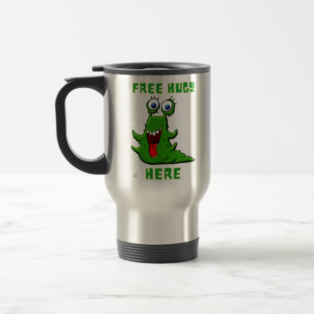 funny travel coffee mug  "FREE HUGZ..." (Left)