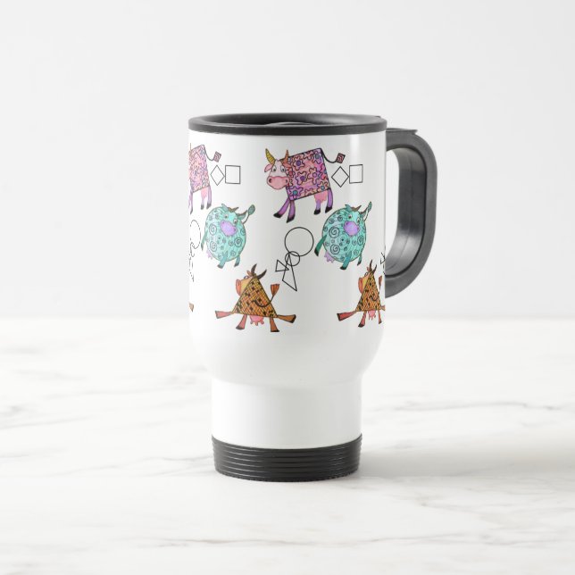 Funny Travel Mug with Colourful Geometric Cute Cow (Front Right)