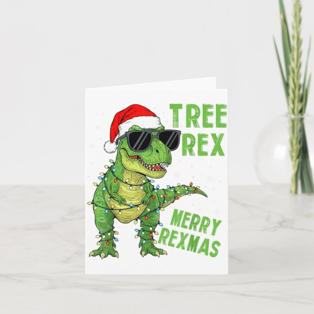 Funny Tree Rex Christmas Dinosaur Santa Hat Lights Card (Front)
