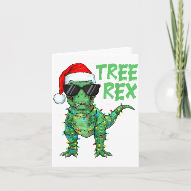 Funny Tree Rex Christmas Dinosaur Santa Hat Lights Card (Front)