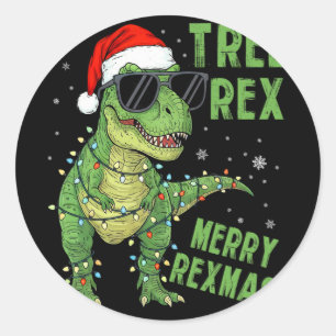 Funny Tree Rex Christmas Dinosaur Santa Hat Lights Classic Round Sticker