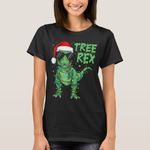 Funny Tree Rex Christmas Dinosaur Santa Hat Lights T-Shirt