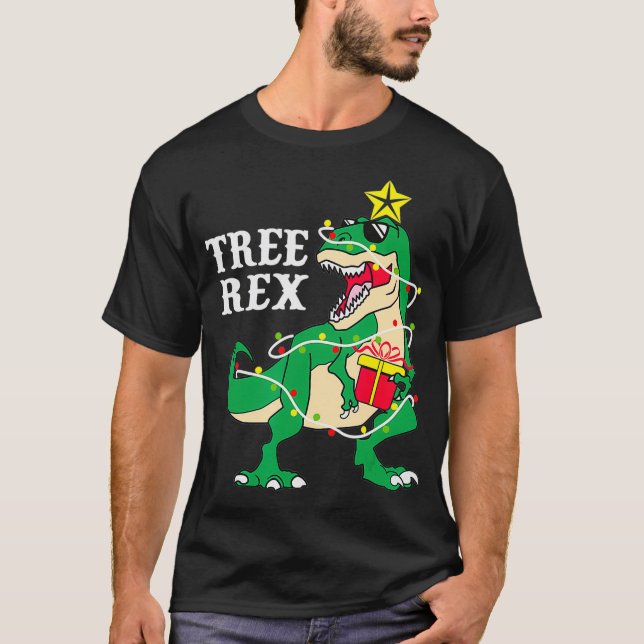 Funny Tree Rex With Christmas Lights Dinosaur Chri T-Shirt (Front)