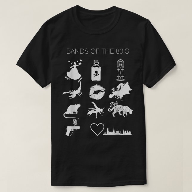 Funny Trendy Bands of the 80's Hair Bands Rock Ban T-Shirt (Design Front)