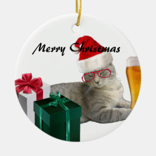 Funny trendy Christmas Santa cat with beer Ceramic Tree Decoration