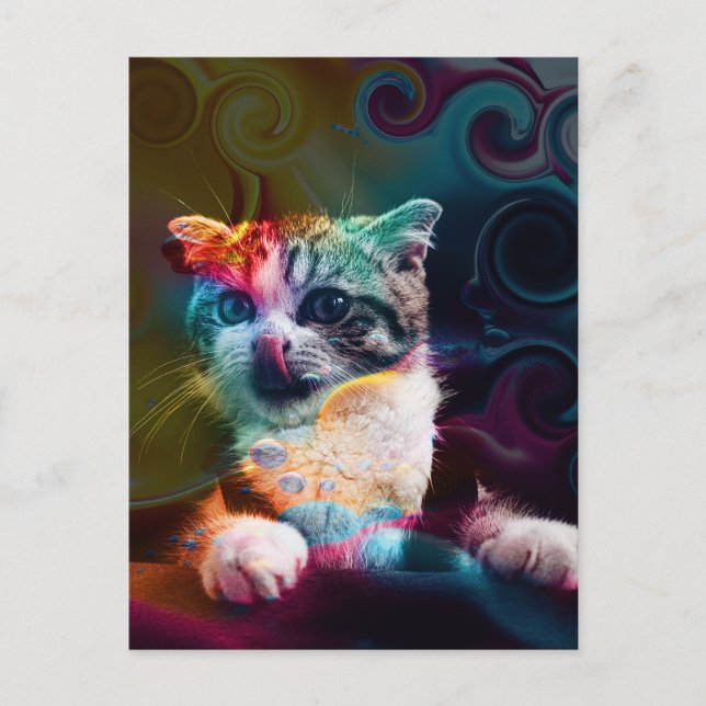 FUNNY TRENDY COLORFUL CAT ART POSTCARD (Front)