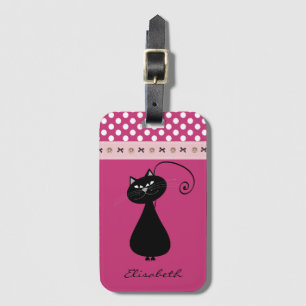 Funny Trendy cute whimsical cat monogram polka dot Luggage Tag