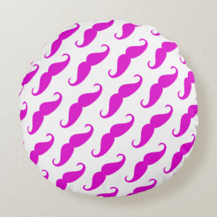Funny trendy pink neon moustache pattern round cushion