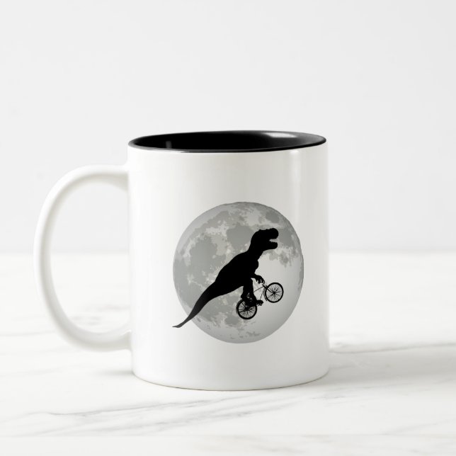 Funny Trex Flying Moon Design Two-Tone Coffee Mug (Left)