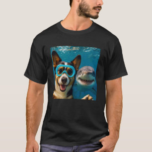 Funny Tri Colour Corgi Dog Selfie with Shark Ocean T-Shirt
