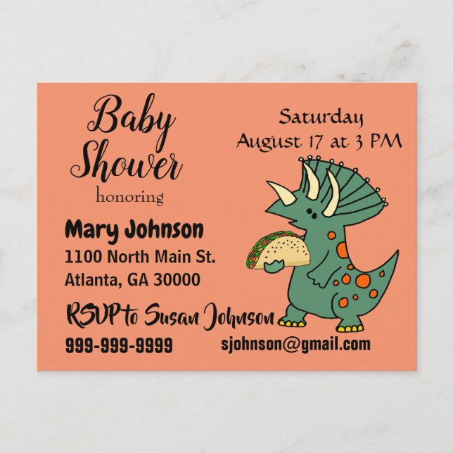 Funny Triceratops eating Taco Baby Shower Invitation Postcard (Front)