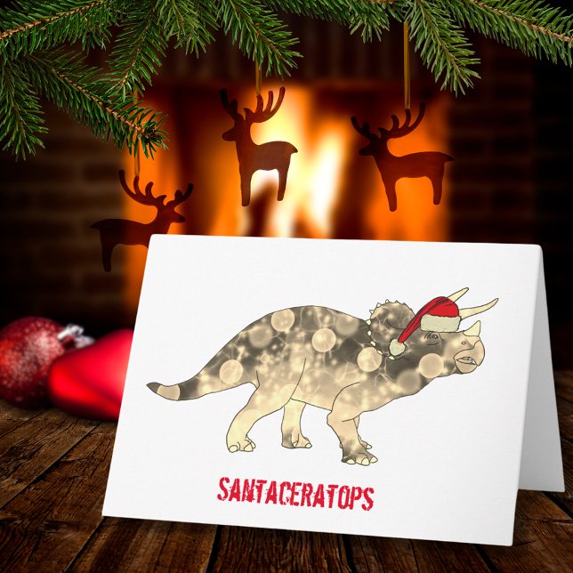 Funny Triceratops Santa Christmas Dinosaur Slogan Card (Christmas dinosaur triceratops wearing a Santa hat fun holiday greetings card)