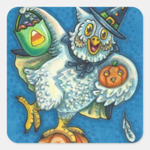 FUNNY TRICK OR TREAT SMELL MY FEET HALLOWEEN OWL SQUARE STICKER