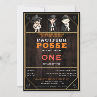 Funny Triplets Pacifier Posse Wild West Birthday  Invitation