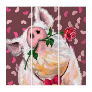Funny Triptych Gentleman Pig with Rose