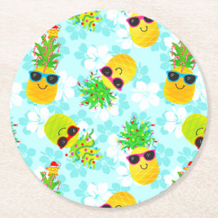Funny Tropical Christmas Pineapples Round Paper Coaster