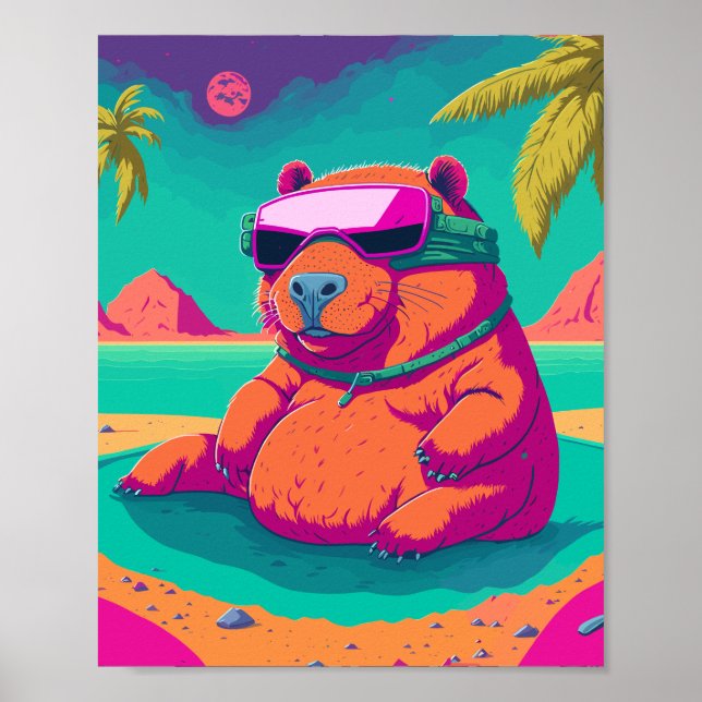 Funny Tropical Cyberpunk Capybara Art Poster (Front)