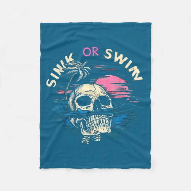 Funny Tropical Sunset Skull Sink Ocean Swim Fleece Blanket (Front)