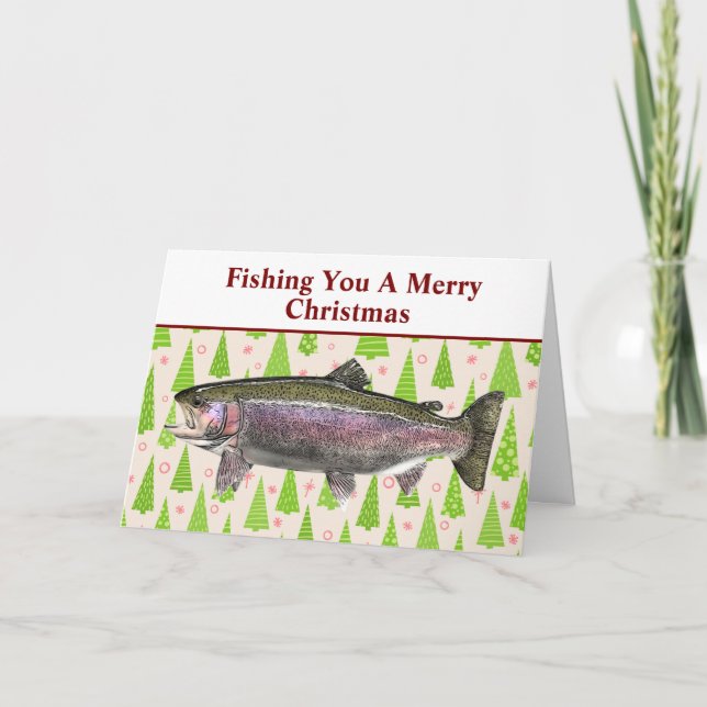 Funny Trout Fishing Pun Christmas Festive Custom Holiday Card (Front)