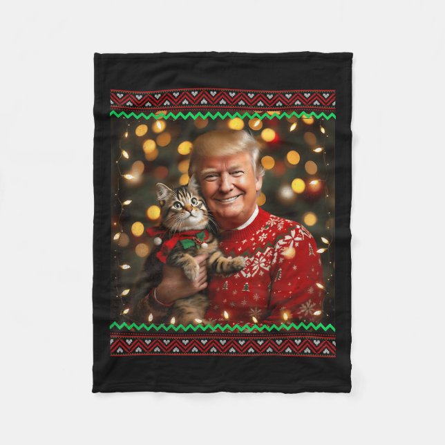Funny Trump Christmas Sweater For Cat Lovers  Fleece Blanket (Front)