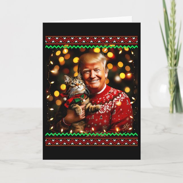 Funny Trump Christmas Sweater For Cat Lovers Ugly  Card (Front)