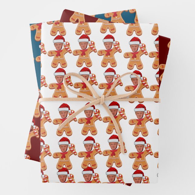 Funny Trump Gingerbread Custom Face Photo Wrapping Paper Sheet (In situ)