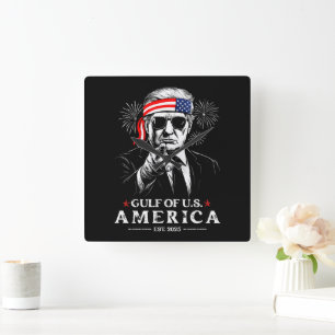 Funny Trump Gulf Of USA America 2025 4th Of July Square Wall Clock