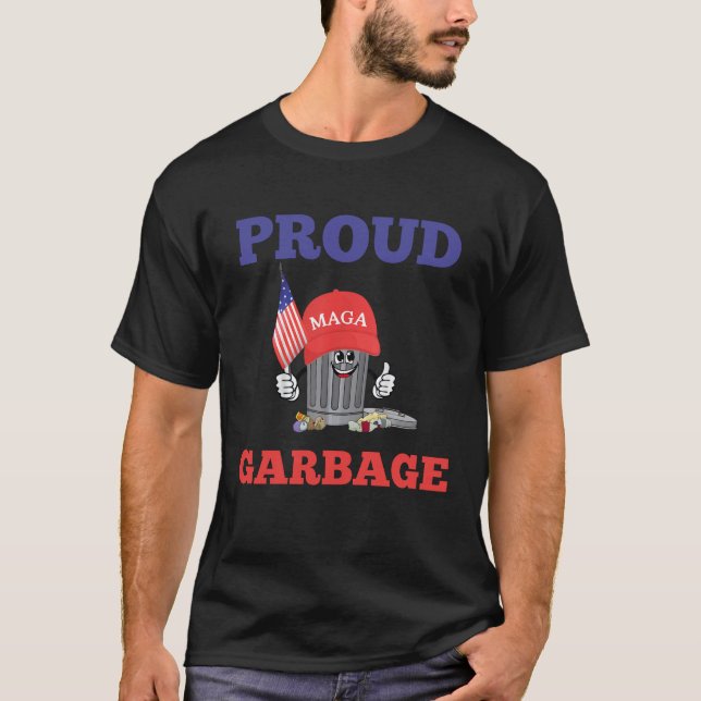 Funny Trump MAGA Cartoon Garbage Can American Flag T-Shirt (Front)
