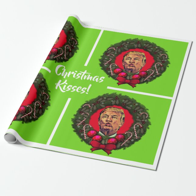 Funny Trump Pucker "Christmas Kisses" Wrapping Paper (Unrolled)