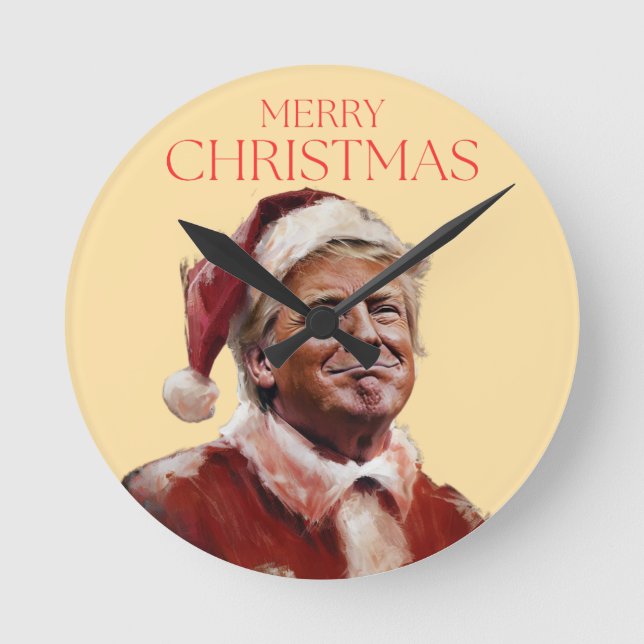 Funny Trump Santa Claus Christmas Card Round Clock (Front)