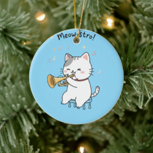 Funny Trumpet Cat – Cute Feline Jazz Ceramic Tree Decoration