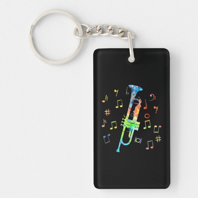 Funny Trumpet Player With Musical Notes Key Ring (Front)