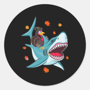 Funny Turkey and Shark Fall Vibes Happy Thanksgivi Classic Round Sticker