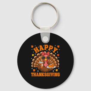 Funny Turkey Drinking Coffee Thanksgiving Bow Girl Key Ring