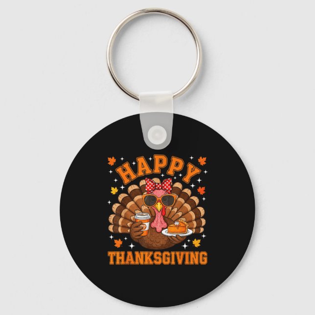 Funny Turkey Drinking Coffee Thanksgiving Bow Girl Key Ring (Front)