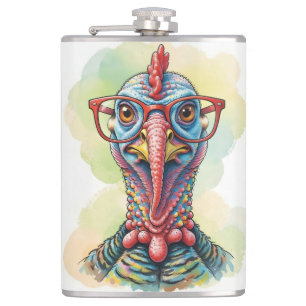 Funny Turkey in Glasses Cartoon Fun Hip Flask