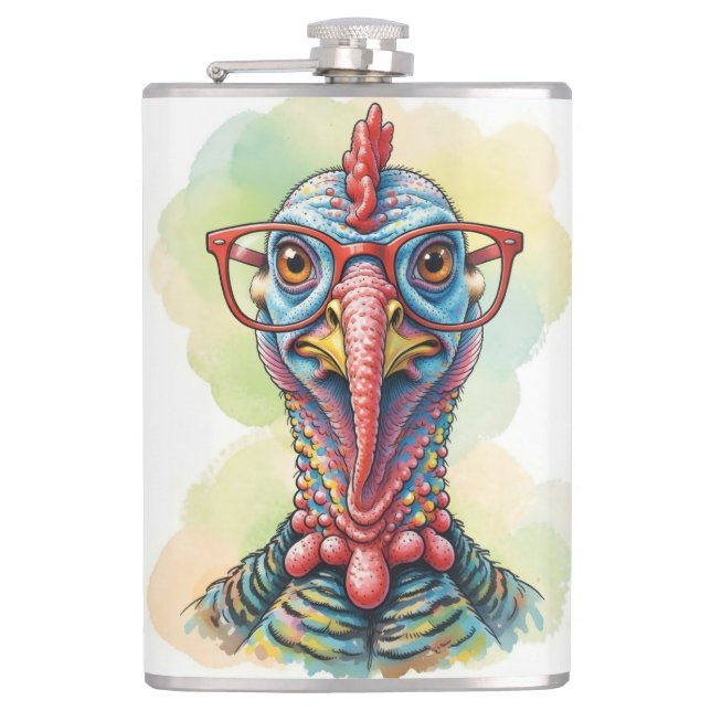 Funny Turkey in Glasses Cartoon Fun Hip Flask (Front)