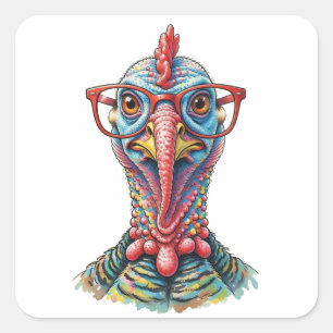 Funny Turkey in Glasses Cartoon Fun Square Sticker